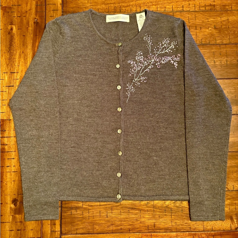 Valerie Stevens Extra-Fine Merino Wool Cardigan W/Embroidery & Beading PM NWOT